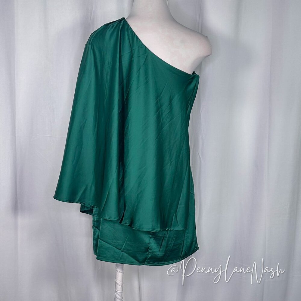 TCEC Satin Draped One Shoulder Mini Dress Green NWT - Picture 9 of 16